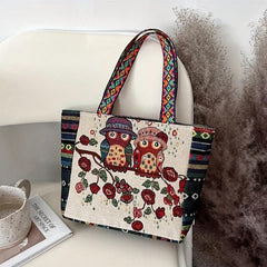 Ethnic Style Owl Embroidered Canvas Tote Bag