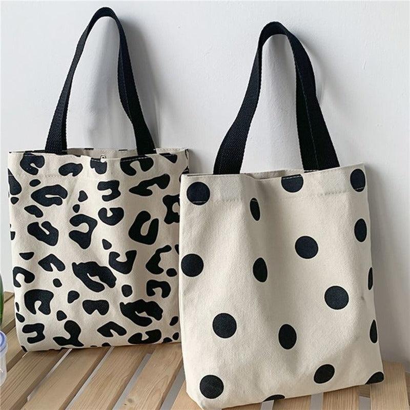Polka Dots Leopard Pattern Bag Lightweight Shoulder Bag Canvas Shopping Bag