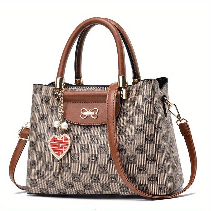 Plaid Top Handle Crossbody Bag PU Leather Classic Shoulder Bag