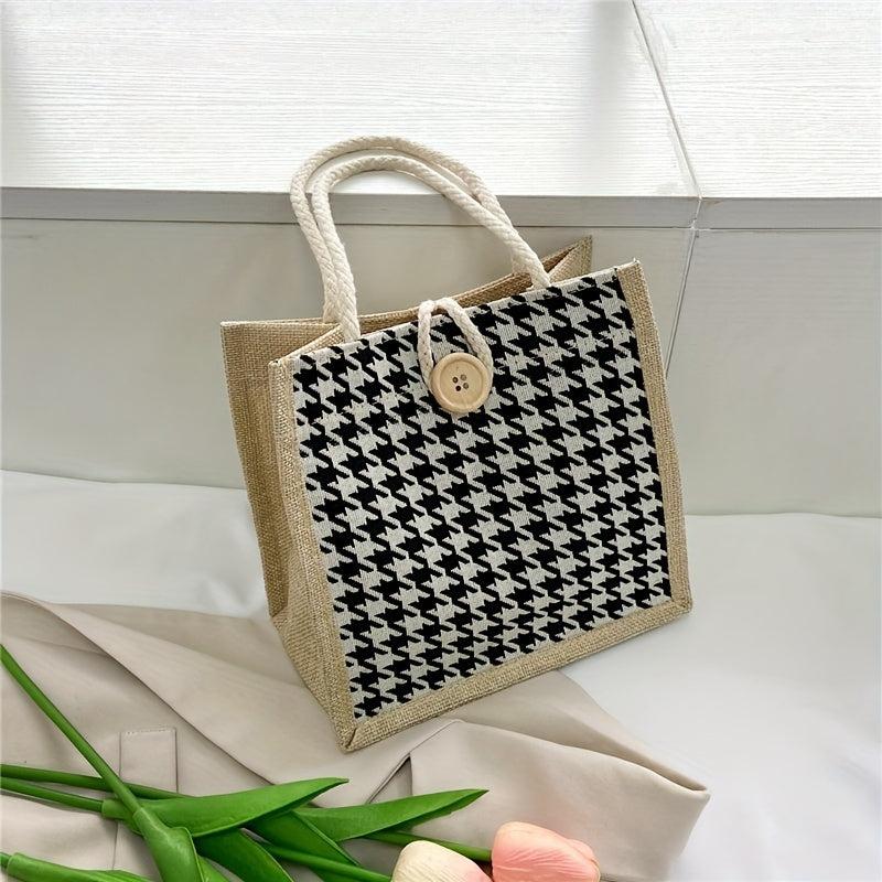 Houndstooth Pattern Linen Tote Bag Retro Buckle Decor Handbag