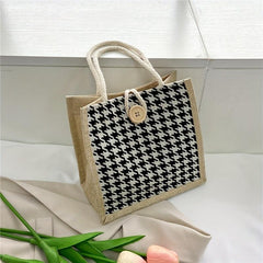 Houndstooth Pattern Linen Tote Bag Retro Buckle Decor Handbag
