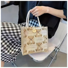 Bear Pattern Linen Tote Bag Cartoon Lunch Bag Portable Storage Handbag