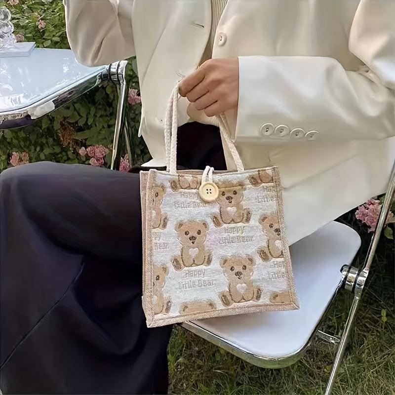 Bear Pattern Linen Tote Bag Cartoon Lunch Bag Portable Storage Handbag