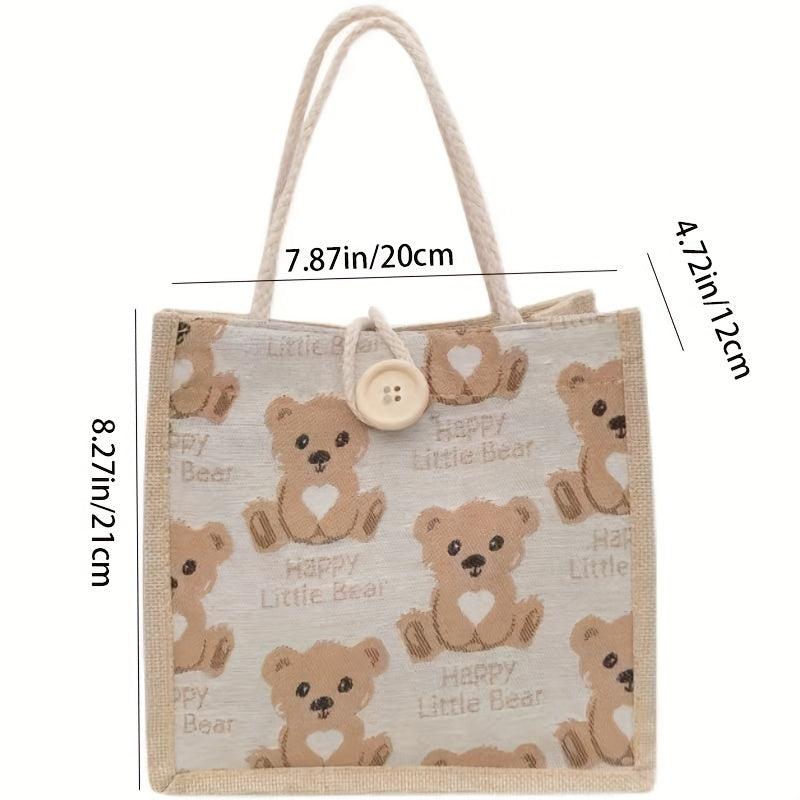 Bear Pattern Linen Tote Bag Cartoon Lunch Bag Portable Storage Handbag