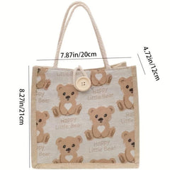 Bear Pattern Linen Tote Bag Cartoon Lunch Bag Portable Storage Handbag