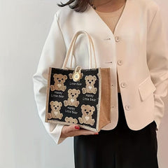 Bear Pattern Linen Tote Bag Cartoon Lunch Bag Portable Storage Handbag
