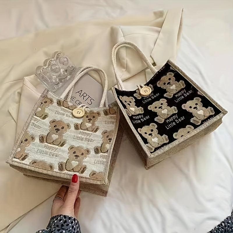 Bear Pattern Linen Tote Bag Cartoon Lunch Bag Portable Storage Handbag