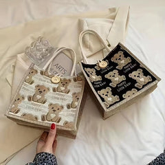 Bear Pattern Linen Tote Bag Cartoon Lunch Bag Portable Storage Handbag