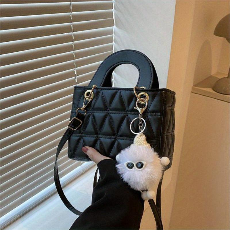 Mini Argyle Quilted Handbag Women Crossbody Bag Cartoon Plush Ball