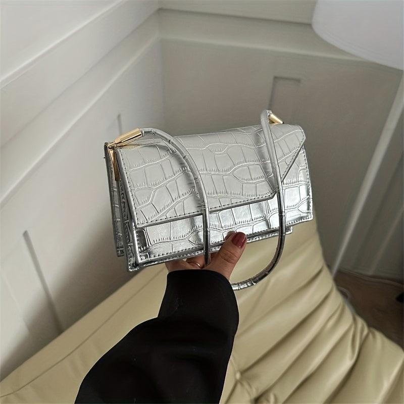 Metallic Crocodile Embossed Baguette Bag for Women