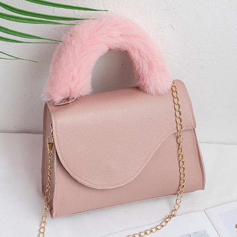 Small Plush Handle Crossbody Bag with Flap Chain