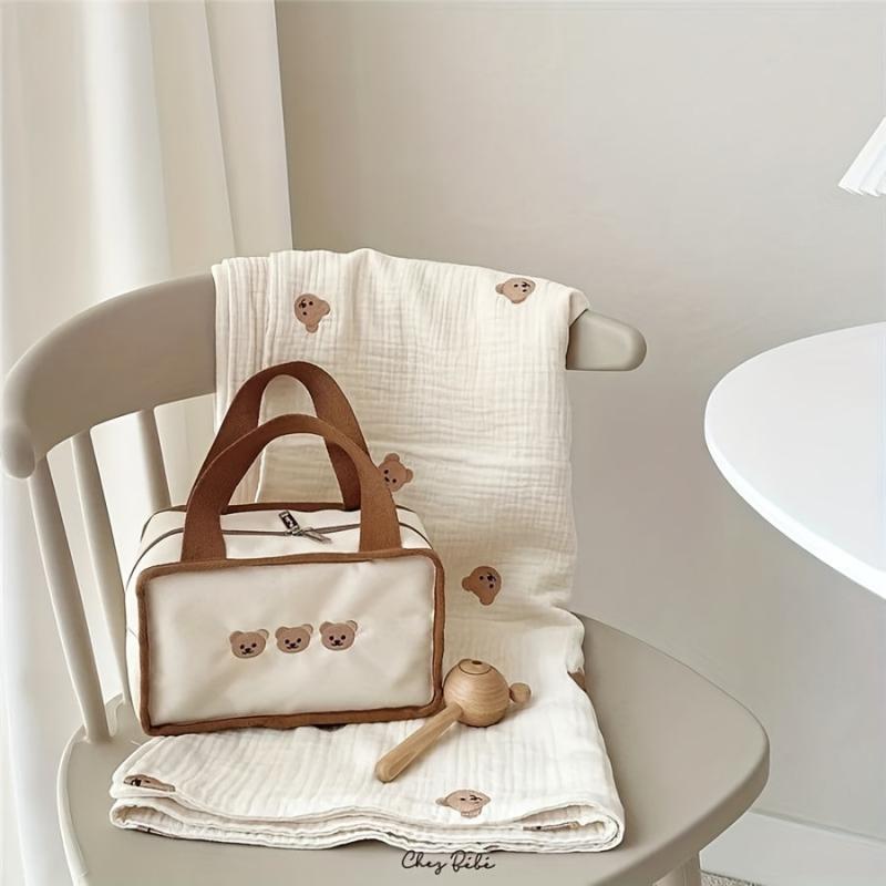 Embroidery Bear Lunch Bag Portable Canvas Storage Bag
