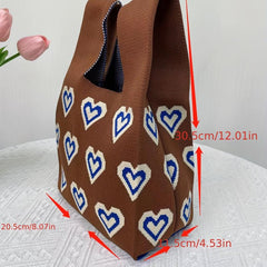 Heart Pattern Knitted Foldable Handbag Portable Top Handle Wrist Bag