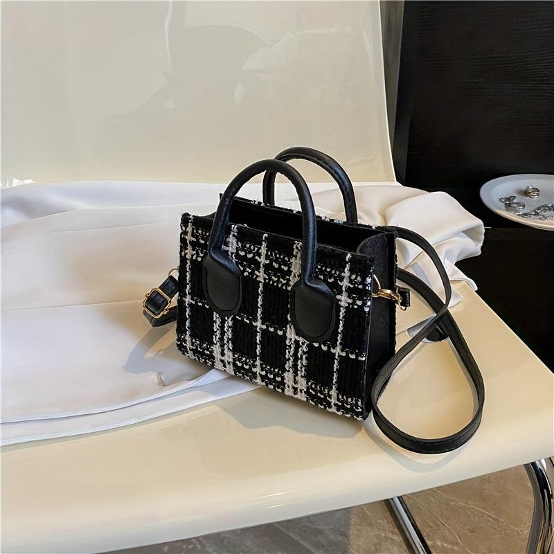 Plaid Square Tote Bag Retro Nylon Handbag & Crossbody Bag