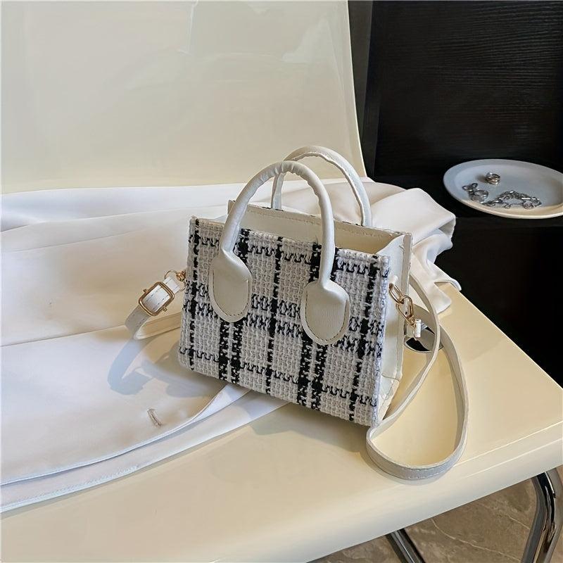 Plaid Square Tote Bag Retro Nylon Handbag & Crossbody Bag