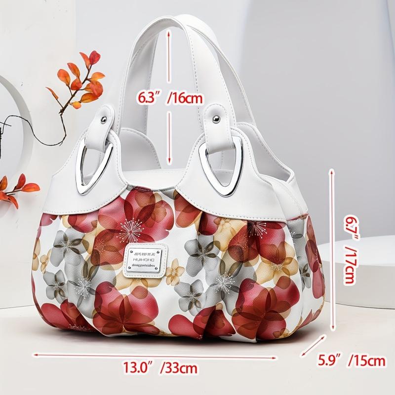 Flower Pattern Top Handle Tote Bag PU Leather Textured Shoulder Bag