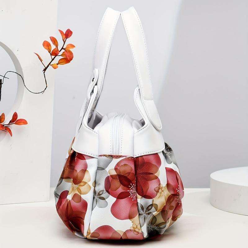 Flower Pattern Top Handle Tote Bag PU Leather Textured Shoulder Bag