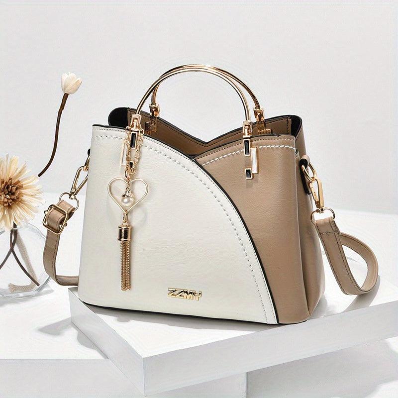 Colorblock Handbag Zipper Double Handle Purse PU Crossbody Bag