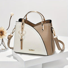 Colorblock Handbag Zipper Double Handle Purse PU Crossbody Bag
