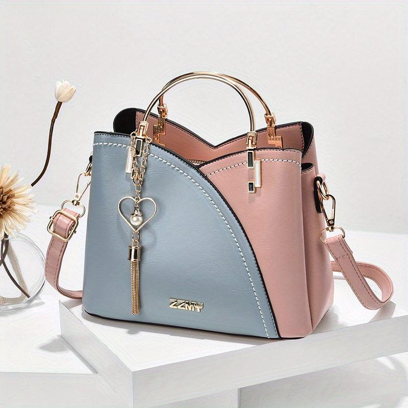 Colorblock Handbag Zipper Double Handle Purse PU Crossbody Bag
