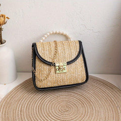 Straw Woven Pearl Handbag PU Leather Crossbody Bag