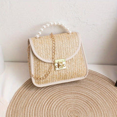 Straw Woven Pearl Handbag PU Leather Crossbody Bag