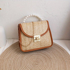 Straw Woven Pearl Handbag PU Leather Crossbody Bag