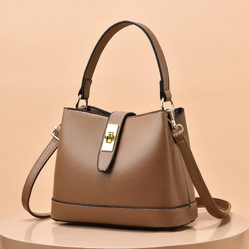 Turn Lock Bucket Bag PU Leather Crossbody Bag Women's Small Stitching Handbag
