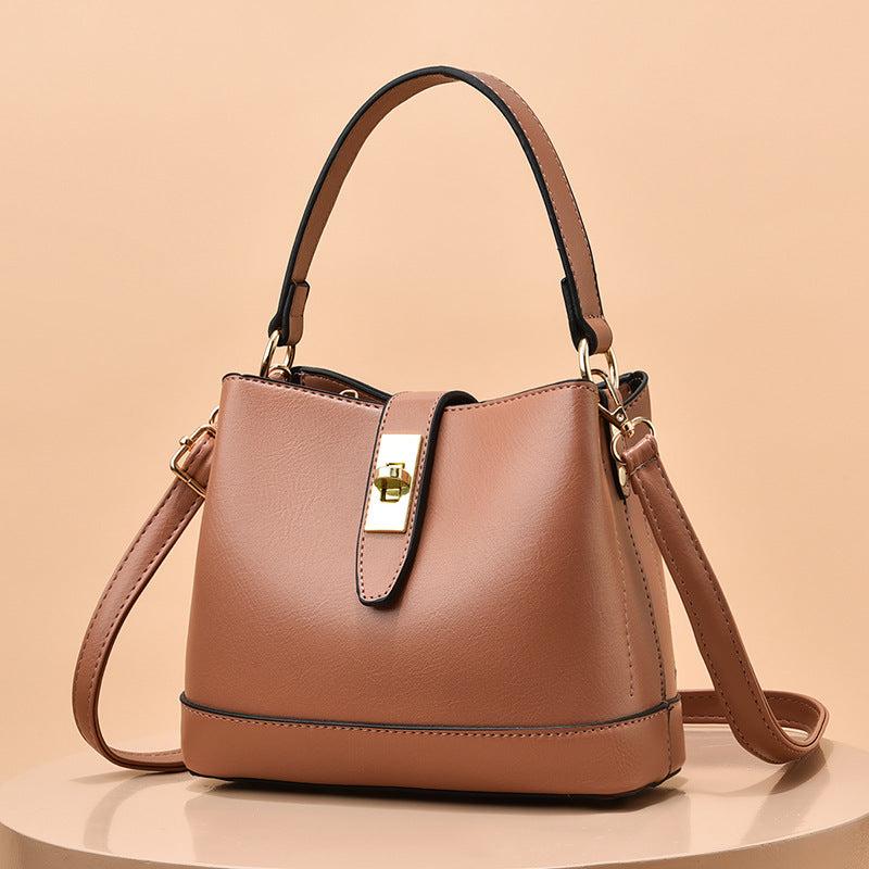 Turn Lock Bucket Bag PU Leather Crossbody Bag Women's Small Stitching Handbag