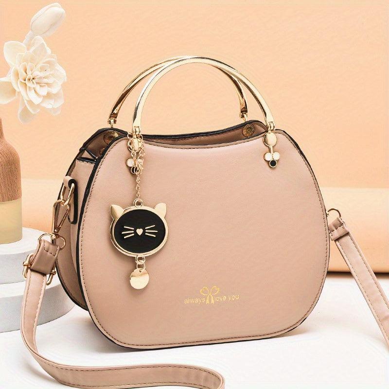 Cat Pendent Decor Durable Shoulder Bag PU Leather Tote Handbag