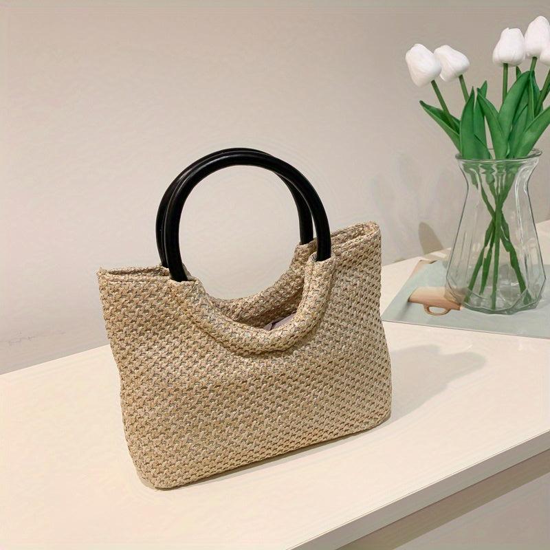 Straw Woven Casual Handbag Solid Top Handle Handbag