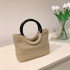Straw Woven Casual Handbag Solid Top Handle Handbag