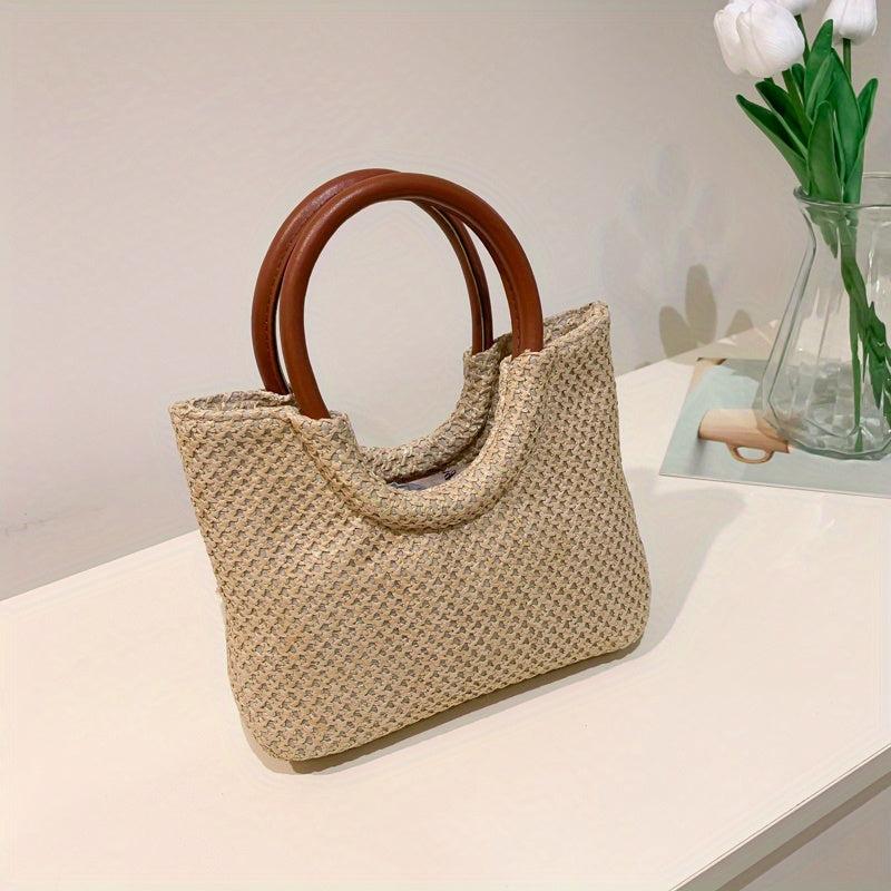 Straw Woven Casual Handbag Solid Top Handle Handbag