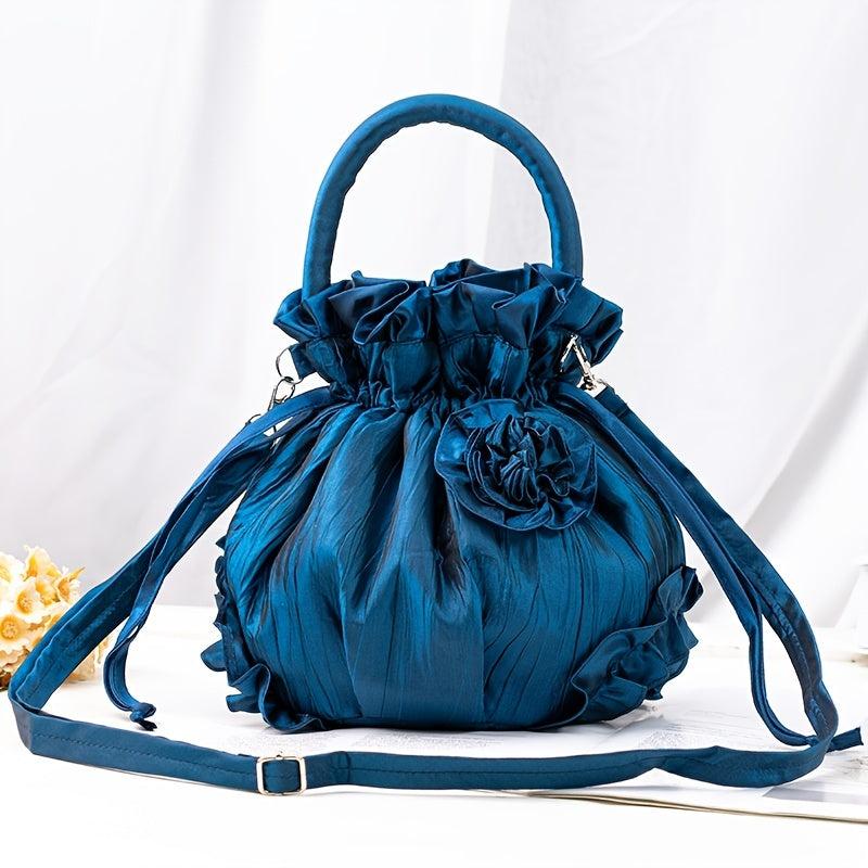 Flower Decor Ruffle Trim Bucket Bag Drawstring Top Handle Purse