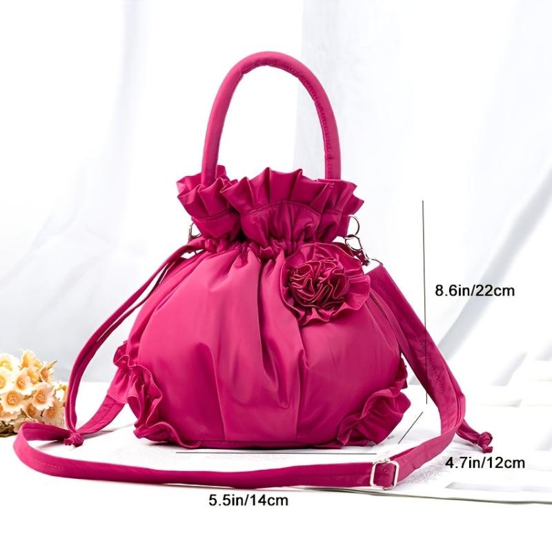 Flower Decor Ruffle Trim Bucket Bag Drawstring Top Handle Purse