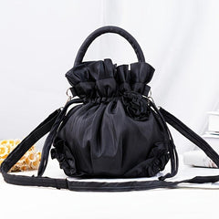 Flower Decor Ruffle Trim Bucket Bag Drawstring Top Handle Purse
