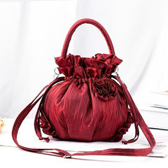 Flower Decor Ruffle Trim Bucket Bag Drawstring Top Handle Purse