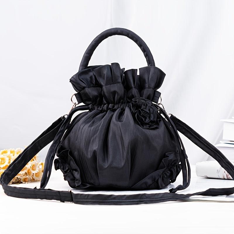 Flower Decor Ruffle Trim Bucket Bag Drawstring Top Handle Purse