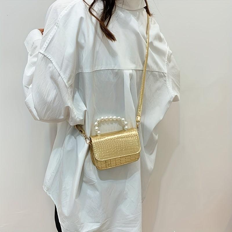 Crocodile Embossed Square Crossbody Bag With Bead Handle