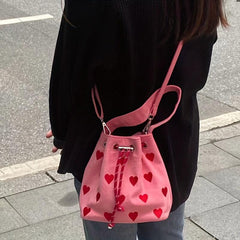 Heart Embroidery Bucket Bag Y2K Style Crossbody Bag Mini Pink Handbag