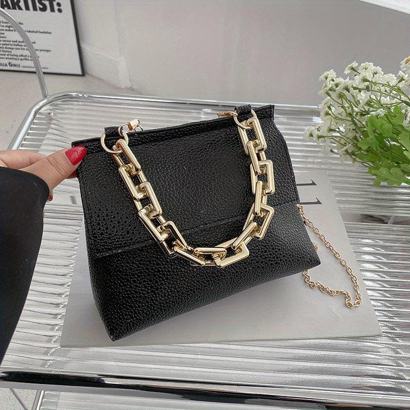 Metal Chain Crossbody Flap Bag PU Leather Textured Shoulder Bag