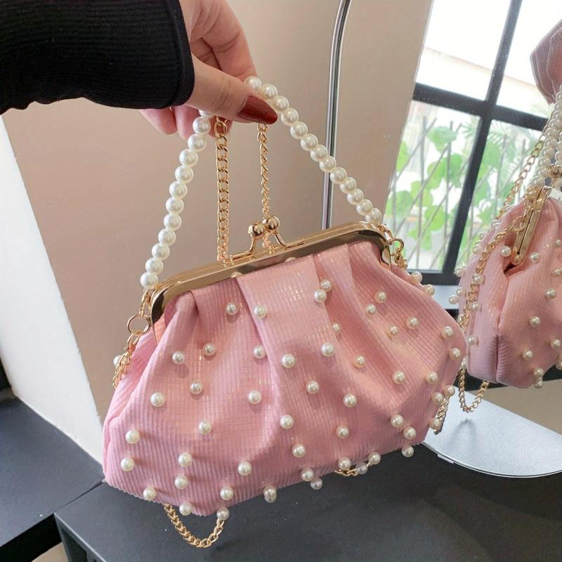 Faux Pearl Handle Stylish Kiss Lock Shoulder Bag