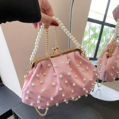Faux Pearl Handle Stylish Kiss Lock Shoulder Bag