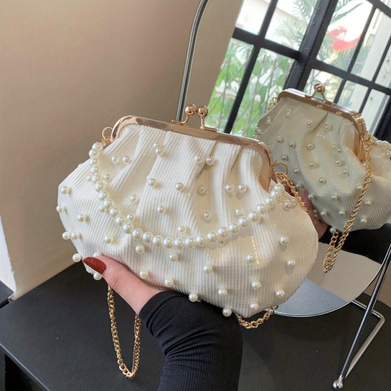 Faux Pearl Handle Stylish Kiss Lock Shoulder Bag