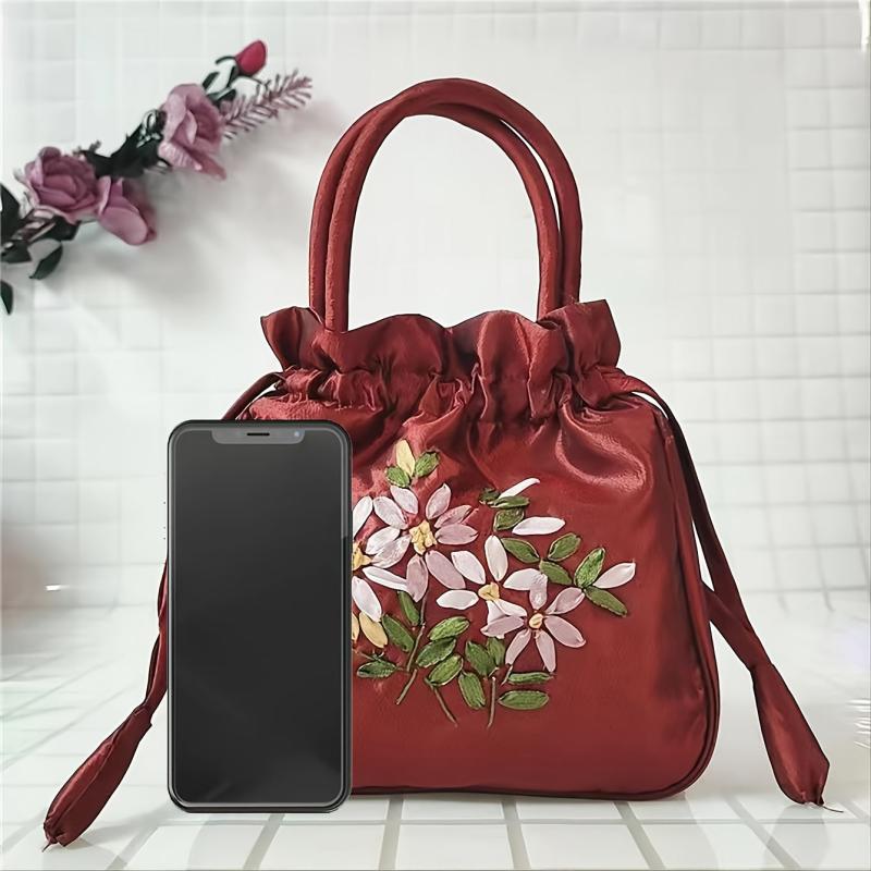 Nylon Floral Pattern Drawstring Phone Bag with Double Handles