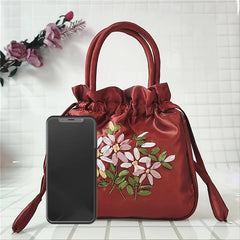 Nylon Floral Pattern Drawstring Phone Bag with Double Handles