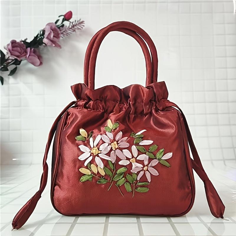 Nylon Floral Pattern Drawstring Phone Bag with Double Handles