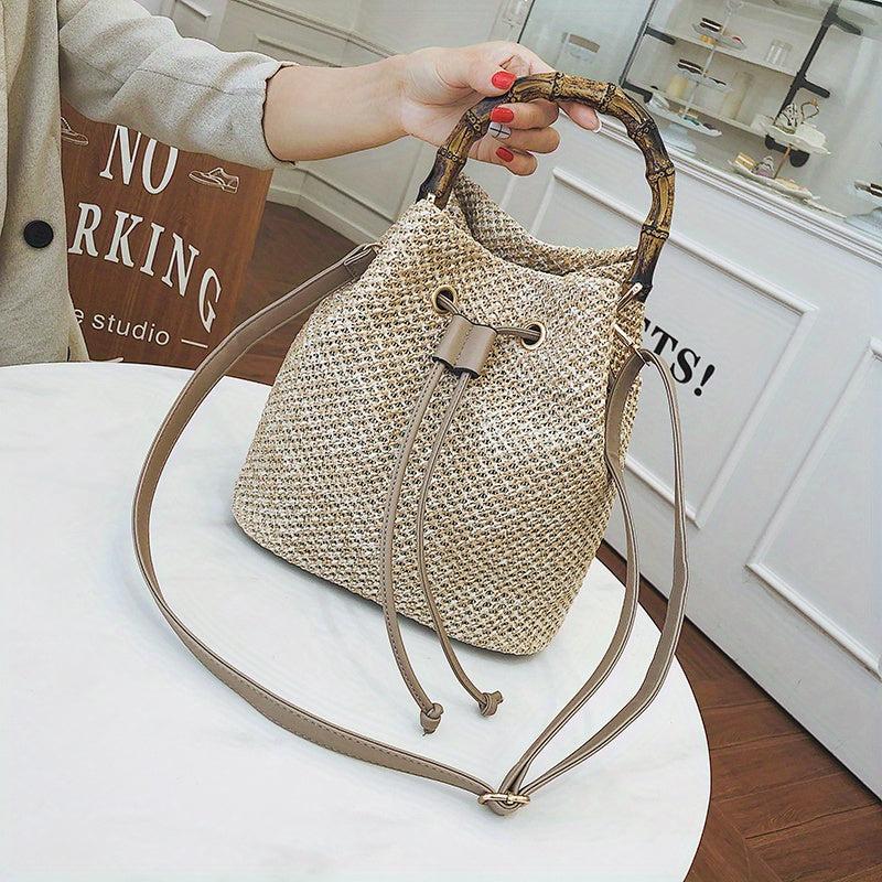 Bamboo Handle Straw Bucket Bag for Women