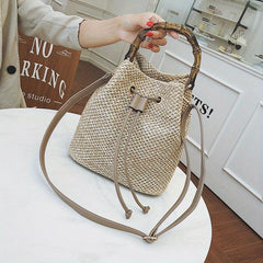 Bamboo Handle Straw Bucket Bag for Women