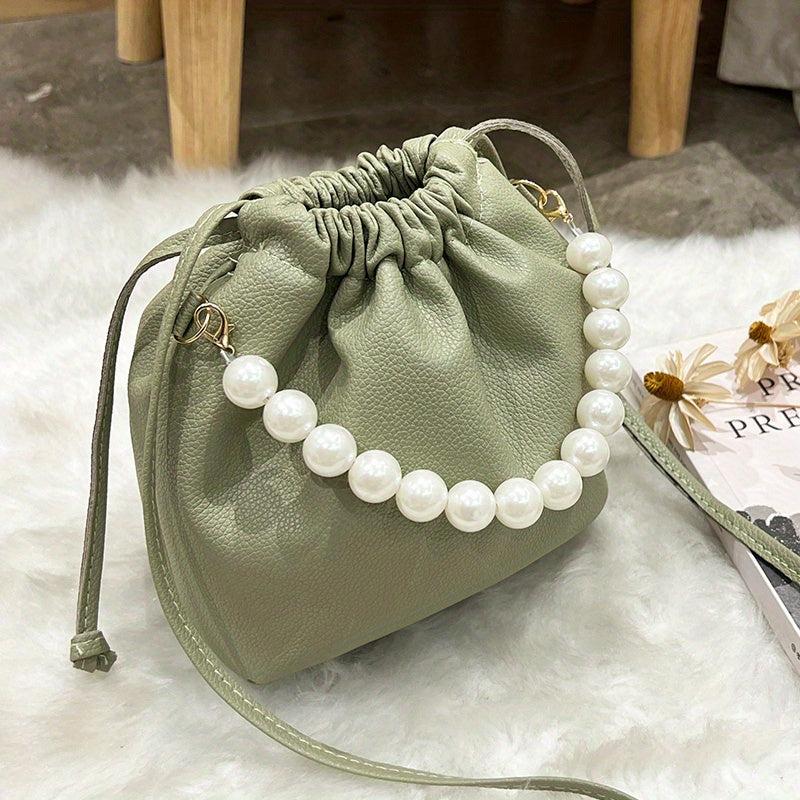 Faux Pearl Chain Bucket Bag Drawstring Crossbody Cloud Handbag